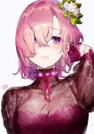  1girl alternate_costume arm_up blush breasts cleavage commentary_request earrings fate/grand_order fate_(series) floral_print flower gloves hair_flower hair_ornament hair_over_one_eye highres jewelry leaf long_sleeves looking_at_viewer mash_kyrielight medium_breasts mika_pikazo parted_lips pink_hair print_shirt purple_eyes purple_flower purple_gloves rose_print shirt short_hair signature simple_background smile solo upper_body white_background white_flower yellow_flower 