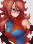  1girl android_21 black-framed_eyewear blue_eyes breasts checkered checkered_dress detached_sleeves dragon_ball dragon_ball_fighterz dress earrings glasses grey_background hair_between_eyes hoop_earrings jewelry kemachiku long_hair looking_to_the_side medium_breasts red_hair simple_background solo 