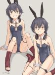  2girls adapted_costume animal_ears artist_name ascot asymmetrical_hair beige_neckwear black_hair black_leotard boots brown_eyes bunny_ears bunny_tail bunnysuit character_name dated detached_collar grey_background hair_between_eyes headphones headphones_around_neck high_heel_boots high_heels i-13_(kantai_collection) i-14_(kantai_collection) kantai_collection kawashina_(momen_silicon) leotard looking_at_viewer multiple_girls open_toe_shoes shadow short_hair simple_background sitting strapless strapless_leotard tail wrist_cuffs 