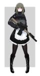  1girl absurdres apron assault_rifle boots girls_frontline glasses gloves green_hair grip gun highres maid maid_apron maid_headdress null-3 original pantyhose revision rifle scope short_hair skirt solo suppressor tactical_clothes trigger_discipline vest weapon 