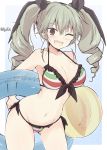  1girl ;d anchovy_(girls_und_panzer) ball bangs beachball bikini black_ribbon bow_bikini breasts cleavage commentary cowboy_shot drill_hair eyebrows_visible_through_hair fang flag_print frilled_bikini frills getsumen_suibaku_ver._a(c) girls_und_panzer green_hair hair_ribbon highres holding holding_ball holding_innertube innertube italian_flag italian_flag_bikini leaning_forward long_hair looking_at_viewer medium_breasts navel object_behind_back one_eye_closed open_mouth print_bikini red_eyes ribbon side-tie_bikini sketch skin_fang smile solo standing swimsuit twin_drills twintails 