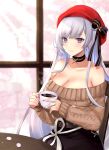  1girl aran_sweater azur_lane belfast_(azur_lane) belfast_(shopping_with_the_head_maid)_(azur_lane) beret blush breasts brown_sweater choker cleavage coffee collarbone cup earrings food hat highres holding hoop_earrings jewelry large_breasts long_hair looking_at_viewer off-shoulder_sweater off_shoulder silver_hair skirt smile solo sweater table zkun4445 