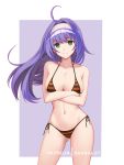  1girl artist_name bikini blue_hair breasts cleavage closed_mouth crossed_arms dakkalot fire_emblem fire_emblem:_path_of_radiance fire_emblem:_radiant_dawn green_eyes hairband highres large_breasts long_hair mia_(fire_emblem) navel simple_background smile solo swimsuit white_hairband 