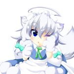  1girl ahoge animal_ears apron arms_up blue_skirt blue_vest braid chestnut_mouth chibi commentary_request dog_ears eyebrows_visible_through_hair gloves green_neckwear hair_between_eyes hair_ribbon hand_on_own_face highres inu_sakuya izayoi_sakuya looking_at_viewer maid_headdress muumuu_(sirufuruteienn) neck_ribbon one_eye_closed paw_gloves paws ribbon silver_hair simple_background sitting skirt solo touhou tress_ribbon twin_braids vest waist_apron white_background 