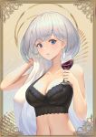  1girl alcohol black_bra blue_eyes bob_cut bra breasts cleavage cup drinking_glass eyebrows_visible_through_hair framed_image hair_between_eyes highres holding lace lace_bra lingerie medium_breasts moonandmist navel original parted_lips silver_hair solo stomach underwear upper_body wine wine_glass 