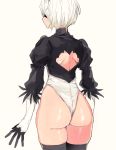 1girl ass back back_cutout black_blindfold blindfold cowboy_shot feather-trimmed_sleeves from_behind juliet_sleeves leotard long_sleeves mellow_rag mole mole_under_mouth nier_(series) nier_automata profile puffy_sleeves shoulder_blades silver_hair simple_background skindentation solo thighhighs thong_leotard white_background white_leotard yorha_no._2_type_b 