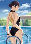  1girl ass back back_cutout backlighting bad_hands bangs black_hair black_swimsuit blue_eyes blue_sky blurry blush breasts chain-link_fence cloud competition_swimsuit day depth_of_field dripping fence from_behind hair_bun highres hiwatari_rin light_smile looking_to_the_side multicolored multicolored_clothes multicolored_swimsuit one-piece_swimsuit original outdoors pool pool_ladder poolside profile short_hair sidelocks sky small_breasts solo standing sunlight swimsuit tree watch water wet wristwatch 