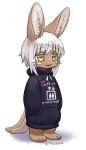  1other absurdres androgynous animal_ears artist_name black_hoodie eyebrows_visible_through_hair full_body furry highres hood hoodie long_sleeves looking_away made_in_abyss nanachi_(made_in_abyss) parted_lips pocketbee short_hair sleeves_past_wrists smile standing tail twitter_username whiskers white_hair yellow_eyes 
