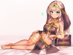  1girl anklet armlet bangs barefoot bed_sheet belly_chain blush bracelet breasts chain chain_necklace choker cleavage commentary_request dancer eyebrows_visible_through_hair full_body gold_chain gold_trim green_eyes grey_hair groin hakushoku_n hand_on_own_thigh harem_outfit head_chain heart highres jewelry large_breasts leaning_on_object long_hair looking_at_viewer midriff navel necklace original parted_lips pelvic_curtain revealing_clothes shadow sidelocks sitting smile solo treasure_chest veil white_background yellow_choker yokozuwari 