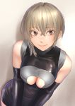  1girl bare_shoulders blonde_hair bodysuit cleavage_cutout dress elbow_gloves eyebrows_visible_through_hair gloves grey_eyes highres kilye_4421 look looking_at_viewer original short_hair skin_tight smile solo 