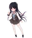  1girl arm_up black_footwear black_hair black_shirt black_skirt full_body highres long_hair miniskirt morino_donguri original pink_eyes school_uniform shirt shoes simple_background skirt smile solo thighhighs v very_long_hair white_background white_legwear white_shirt 