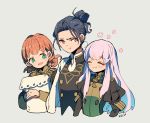  1boy 2girls 310_ill annette_fantine_dominic artist_name black_hair closed_eyes closed_mouth felix_hugo_fraldarius fire_emblem fire_emblem:_three_houses garreg_mach_monastery_uniform green_eyes grey_background highres holding long_hair long_sleeves lysithea_von_ordelia multiple_girls open_mouth orange_hair short_hair simple_background smile twintails uniform upper_body white_hair 