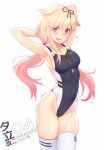  1girl :d armpits arms_up bangs black_swimsuit blonde_hair blush breasts character_name collarbone competition_swimsuit dan_(kumadan) eyebrows_visible_through_hair hair_between_eyes hair_flaps hair_ornament hair_ribbon hairclip heart highleg highleg_swimsuit highres kantai_collection lips long_hair looking_at_viewer low_twintails medium_breasts one-piece_swimsuit open_mouth red_eyes remodel_(kantai_collection) ribbon sideboob simple_background skindentation smile solo swimsuit thighhighs twintails whistle whistle_around_neck white_background white_legwear yuudachi_(kantai_collection) 