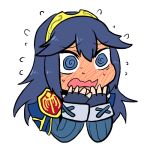  1girl @_@ blush chibi embarrassed fingerless_gloves fire_emblem fire_emblem_awakening flying_sweatdrops full-face_blush gloves grey_gloves grey_hair long_sleeves lucina_(fire_emblem) rariatto_(ganguri) simple_background solo sweat sweating_profusely white_background wide-eyed 