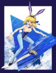 1girl ahoge animal_ears artoria_pendragon_(all) bangs bare_shoulders blonde_hair blue_footwear blue_legwear blue_leotard blue_ribbon bow bowtie braid breasts bunny_ears bunny_tail bunnysuit cleavage collarbone detached_collar excalibur fate/stay_night fate_(series) french_braid green_eyes hair_between_eyes hair_ribbon high_heels highleg highleg_leotard large_breasts leotard long_hair looking_at_viewer medium_breasts open_mouth pantyhose ribbon saber shirotsumekusa sidelocks smile solo strapless strapless_leotard surfing sword tail weapon wrist_cuffs 