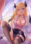  1girl :o absurdres backlighting black_panties black_skirt blazer blonde_hair blue_eyes breasts brown_legwear cleavage collarbone collared_shirt commentary_request curtains demon_girl demon_horns demon_tail demon_wings frills garter_straps hair_over_one_eye highres hololive horns jacket knee_up lace lace-trimmed_legwear large_breasts long_hair long_sleeves looking_at_viewer miniskirt no_bra ogura_toast open_clothes open_jacket open_mouth panties pencil_skirt pink_shirt shirt sitting skirt solo tail thighhighs underwear virtual_youtuber white_jacket window wings yuzuki_choco 