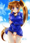  1girl artist_name blue_track_suit blush breast_hold breasts brown_hair buruma cloud cloudy_sky collarbone commentary_request dated eyebrows_visible_through_hair hair_between_eyes highres light_rays long_hair looking_at_viewer lyrical_nanoha medium_breasts purple_eyes san-pon side_ponytail sidelocks sky solo sun sweatdrop takamachi_nanoha track_suit very_long_hair 