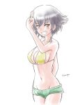  1girl absurdres arm_behind_back artist_name bangs bikini bikini_shorts black_hair braid breasts brown_eyes cleavage commentary_request cowboy_shot eyebrows_visible_through_hair girls_und_panzer green_bikini grin groin halterneck highres hiyama_yuu_(wee259hiyama) looking_at_viewer medium_breasts mismatched_bikini navel partial_commentary pepperoni_(girls_und_panzer) salute short_hair shorts side_braid signature simple_background smile solo standing swimsuit textless two-finger_salute white_background yellow_bikini 