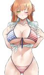  1girl absurdres american_flag_bikini bikini bikini_under_clothes blush breasts brown_hair cleavage closed_mouth collarbone embarrassed flag_print girls_frontline green_eyes highres kyoyakyo large_breasts looking_at_viewer m1903_springfield_(girls_frontline) shiny shiny_hair shirt simple_background smile solo swimsuit tied_shirt upper_body white_background white_shirt 