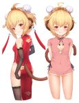  1girl :d ahoge andira_(granblue_fantasy) animal_ears bare_shoulders black_gloves blonde_hair blush bun_cover china_dress chinese_clothes cleavage_cutout double_bun dress elbow_gloves erune gloves granblue_fantasy kimblee looking_at_viewer monkey_ears monkey_girl monkey_tail open_mouth pelvic_curtain red_dress side_slit smile solo tail thighhighs 