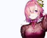  blush breasts cleavage fate/grand_order fate_(series) gloves mash_kyrielight mika_pikazo necklace pink_hair purple_eyes see_through short_hair signed 