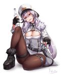 1girl alcohol azur_lane bangs belt black_gloves black_legwear boots bottle breasts cleavage filin fur-trimmed_boots fur_trim gangut_(azur_lane) glass_bottle gloves hair_between_eyes hat jacket large_breasts long_hair looking_at_viewer military_hat mole mole_under_eye open_mouth pantyhose red_eyes silver_hair simple_background smile very_long_hair vodka white_background 