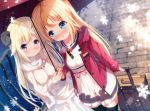  2girls akai_haato black_legwear blonde_hair blue_eyes blurry blurry_background blush bow bowtie breasts brown_jacket chinomaron closed_mouth commentary_request curled_horns depth_of_field dress fur_trim hair_ornament hairclip highres holding holding_umbrella hololive hood hood_down hooded_jacket horns jacket long_hair multiple_girls open_clothes open_jacket parted_lips purple_eyes red_jacket red_neckwear rolling_suitcase shared_umbrella sheep_horns small_breasts smile snowflakes standing thighhighs tsunomaki_watame umbrella very_long_hair virtual_youtuber white_dress 