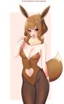  1girl :d animal_ears artist_name bangs bare_arms bare_shoulders black_legwear blush breasts brown_eyes brown_hair brown_leotard cowboy_shot eevee eyebrows_visible_through_hair fur_collar groin heart_cutout highleg highleg_leotard highres leotard looking_at_viewer medium_breasts navel navel_cutout open_mouth pantyhose personification pink_background pokemon short_hair_with_long_locks sidelocks smile solo strapless strapless_leotard tail tofuubear two-tone_background white_background wrist_cuffs 