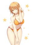  1girl absurdres bangs bikini breasts brown_eyes brown_hair cleavage commentary_request cowboy_shot fujifuji924 highres isshiki_iroha large_breasts long_hair navel one_eye_closed star swimsuit tongue tongue_out white_background yahari_ore_no_seishun_lovecome_wa_machigatteiru. yellow_bikini 