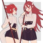  2girls :o alternate_costume ascot bangs belt blush buttons cordelia_(fire_emblem) do_m_kaeru eyebrows_visible_through_hair fire_emblem fire_emblem:_three_houses fire_emblem_awakening fire_emblem_fates from_side garreg_mach_monastery_uniform hair_between_eyes hair_ornament hinoka_(fire_emblem) holding holding_polearm holding_weapon long_hair long_sleeves looking_to_the_side multiple_girls open_mouth polearm red_eyes red_hair scarf short_hair sidelocks sleeves_rolled_up smile spear tongue twitter_username uniform very_long_hair weapon white_ascot white_scarf wing_hair_ornament yellow_belt 