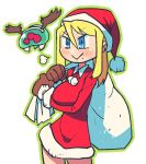  1girl blonde_hair blue_eyes blush brown_gloves christmas closed_mouth contrapposto dress fake_antlers gloves green_outline hairband hat holding medium_hair metroid metroid_(creature) mole mole_under_mouth pom_pom_(clothes) rariatto_(ganguri) red_dress red_headwear sack samus_aran santa_costume santa_hat short_dress simple_background smile solo standing white_background 