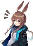  1girl :d absurdres amiya_(arknights) animal_ear_fluff animal_ears arknights bangs black_jacket blue_eyes blush breasts brown_hair bunny_ears eyebrows_visible_through_hair grey_neckwear hair_between_eyes highres jacket long_hair long_sleeves looking_at_viewer low_ponytail mizu_(lzzrwi603) notice_lines open_clothes open_jacket open_mouth ponytail shirt sidelocks simple_background small_breasts smile solo upper_body very_long_hair white_background white_shirt 