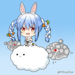  1girl :3 :d animal_ear_fluff animal_ears bangs black_gloves blue_background blue_hair blush braid breasts bunny_ears carrot_hair_ornament chibi cleavage cloud commentary_request detached_sleeves dress eyebrows_visible_through_hair food_themed_hair_ornament fur-trimmed_gloves fur_trim gloves gradient gradient_background hair_between_eyes hair_ornament hololive long_hair miicha multicolored_hair open_mouth puffy_short_sleeves puffy_sleeves red_eyes round_teeth short_eyebrows short_sleeves small_breasts smile solid_circle_eyes solo strapless strapless_dress teeth thick_eyebrows twin_braids twitter_username two-tone_hair upper_teeth usada_pekora very_long_hair virtual_youtuber white_dress white_hair white_sleeves 