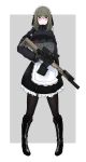  1girl absurdres apron artist_request assault_rifle boots girls_frontline glasses gloves green_hair grip gun highres maid maid_apron maid_headdress original pantyhose rifle scope short_hair skirt solo suppressor tactical_clothes trigger_discipline vest weapon 