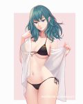  1girl azur_lane bikini black_bikini blue_eyes border breasts byleth_(fire_emblem) byleth_(fire_emblem)_(female) censored cosplay cowboy_shot dakkalot fire_emblem fire_emblem:_three_houses flag_print german_flag_bikini green_hair hair_between_eyes highres large_breasts medium_hair navel pink_background pink_lips prinz_eugen_(azur_lane) prinz_eugen_(azur_lane)_(cosplay) side-tie_bikini smile swimsuit towel white_border 