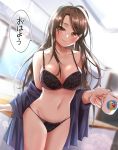  1girl black_bra black_panties blush bra breasts brown_eyes brown_hair character_request coffee_mug copyright_request cup highres holding holding_cup indoors ishii_takuma long_hair looking_at_viewer medium_breasts mug navel panties shiny shiny_hair shiny_skin solo standing steam underwear 