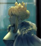  1girl armor artoria_pendragon_(all) artoria_pendragon_(lancer) blonde_hair braid cape crown fate/grand_order fate_(series) french_braid from_side fur-trimmed_cape fur_trim solo upper_body window zuboko 