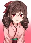  1girl blush bow brown_hair dated drill_hair eyebrows_visible_through_hair hair_bow harukaze_(kantai_collection) highres japanese_clothes kamelie kantai_collection kimono long_hair meiji_schoolgirl_uniform open_mouth pink_kimono red_bow red_eyes signature simple_background solo twin_drills upper_body 