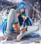  1girl aqua_(konosuba) ass bangs blue_eyes blue_hair blurry blurry_background blush breasts dutch_angle kono_subarashii_sekai_ni_shukufuku_wo! large_breasts lips long_hair looking_at_viewer nefrubi parted_lips sitting sleeveless solo spread_legs thighhighs very_long_hair water 