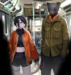  1girl android black_hair black_pants black_shorts blurry blurry_background brown_eyes brown_jacket cyberpunk eyepatch hands_in_pockets jacket kasagarasu looking_at_another orange_jacket original pants pocket shorts sumi_elias train_interior 