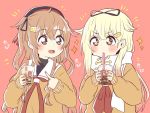  2girls black_ribbon blonde_hair brown_eyes bubble_tea commentary_request cup disposable_cup drinking_straw gloves hair_flaps hair_ornament hair_ribbon hairclip heterochromia kantai_collection light_brown_hair long_hair multiple_girls murasame_(kantai_collection) neckerchief orange_sweater red_background red_eyes red_neckwear remodel_(kantai_collection) ren_kun ribbon scarf school_uniform serafuku simple_background sparkle sweater two_side_up upper_body white_gloves white_scarf yuudachi_(kantai_collection) 