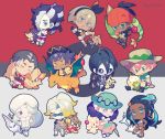  4girls 6+boys alcremie arcanine baseball_cap beanie black_hair blue_eyes blue_hair candy character_request charizard chibi closed_eyes closed_mouth commentary_request crossed_arms crossed_legs dande_(pokemon) dark_skin dark_skinned_male eldegoss fighting_stance fingerless_gloves flygon food freckles gen_1_pokemon gen_2_pokemon gen_3_pokemon gen_4_pokemon gen_5_pokemon gen_7_pokemon gen_8_pokemon gloves goldeen green_eyes grey_hair gym_leader hair_over_one_eye hairband hat hitmontop holding holding_poke_ball kabu_(pokemon) kibana_(pokemon) long_hair makuwa_(pokemon) mask melon_(pokemon) mimikyu multicolored_hair multiple_boys multiple_girls nezu_(pokemon) old_woman one_eye_closed onion_(pokemon) open_mouth pale_skin poke_ball poke_ball_symbol pokemon pokemon_(creature) poplar_(pokemon) purple_hair rurina_(pokemon) saitou_(pokemon) shorts shuckle skuntank sparkle sunglasses twitter_username two-tone_hair yamask yarrow_(pokemon) yellow_eyes yumenouchi_chiharu 