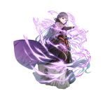  1girl :o absurdly_long_hair artist_request black_dress black_feathers book cape casting_spell dress eyebrows_visible_through_hair feathers fire_emblem fire_emblem_heroes hair_between_eyes holding holding_book long_dress long_hair magic official_art outstretched_hand purple_eyes purple_hair solo sophia_(fire_emblem) very_long_hair 