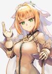  1girl ahoge bangs blonde_hair bodysuit breasts bridal_veil chain_necklace closed_mouth commentary fate/extra fate/extra_ccc fate/grand_order fate_(series) gloves green_eyes hand_on_weapon hand_up hank10111213 lock looking_at_viewer nero_claudius_(bride)_(fate) nero_claudius_(fate)_(all) padlock short_hair sidelocks simple_background smile solo upper_body veil white_background white_gloves 