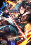  1boy artist_name belt black_hair boots felix_hugo_fraldarius fire_emblem fire_emblem:_three_houses fur_trim gloves katana male_focus orange_eyes paula_biedma ponytail solo sparkle sword teeth weapon 