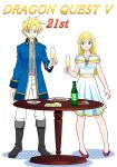  1boy 1girl alcohol alternate_costume bare_shoulders bella_(dq5) black_footwear blonde_hair blue_coat blue_eyes boots champagne champagne_bottle champagne_flute coat collarbone commentary_request copyright_name cup dragon_quest dragon_quest_v dress drinking_glass eyebrows_visible_through_hair food hair_between_eyes hero&#039;s_daughter_(dq5) hero&#039;s_son_(dq5) holding holding_cup long_hair looking_at_viewer off-shoulder_dress off_shoulder older pants piyori_(miko0126) plate purple_footwear short_dress simple_background smile spiked_hair table white_background white_dress white_pants 