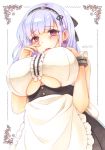  1girl apron azur_lane bangs bare_shoulders black_hairband blush breasts crying crying_with_eyes_open dido_(azur_lane) earrings eyebrows_visible_through_hair frills hairband highres jewelry large_breasts long_hair looking_at_viewer maid marker_(medium) purple_eyes silky_(silky_alice) silver_hair sleeveless solo tears traditional_media underboob underboob_cutout waist_apron white_apron 
