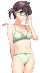  1girl adjusting_eyewear black_hair blue-framed_eyewear bra breasts commentary_request cowboy_shot glasses green_bra green_eyes green_panties highres kantai_collection looking_at_viewer mizuki_eiru_(akagi_kurage) okinami_(kantai_collection) panties pink_hair polka_dot polka_dot_bra polka_dot_panties semi-rimless_eyewear short_hair simple_background small_breasts solo underwear underwear_only white_background 