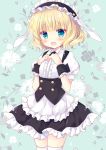  1girl animal_ears apron bangs black_hairband black_skirt blonde_hair blue_eyes blush bunny_ears center_frills collared_shirt commentary_request eyebrows_visible_through_hair fake_animal_ears fleur_de_lapin_uniform floppy_ears floral_background frilled_hairband frilled_skirt frills gochuumon_wa_usagi_desu_ka? green_background hairband hands_up hasekura_chiaki kirima_sharo looking_at_viewer open_mouth puffy_short_sleeves puffy_sleeves shirt short_sleeves skirt solo thighhighs uniform waist_apron waitress white_apron white_legwear white_shirt wrist_cuffs 