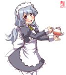  1girl alternate_costume apron artist_logo braid commentary_request cowboy_shot dated dress enmaided frilled_apron frills grey_dress grey_eyes highres kanon_(kurogane_knights) kantai_collection long_hair looking_at_viewer low_twintails maid maid_apron maid_headdress pantyhose puffy_sleeves silver_hair simple_background single_braid smile solo teapot twintails wavy_hair white_apron white_background white_legwear yamagumo_(kantai_collection) 